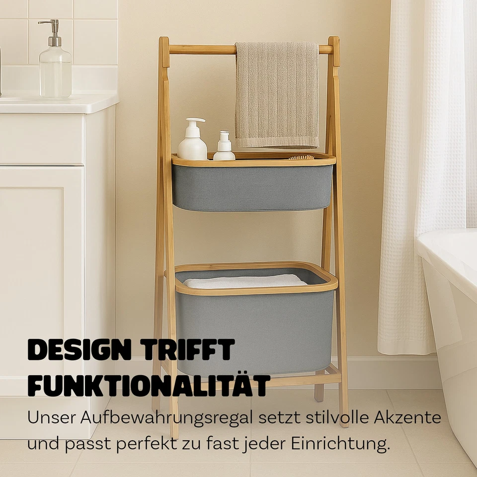 Bambus Aufbewahrungsregal mit Stoffkörben grau – robust, klappbar, langlebig - Bild 4 von 4