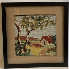 Vintage Needlepoint Cottage Home Birch Trees Landscape Wall Picture 11x11  