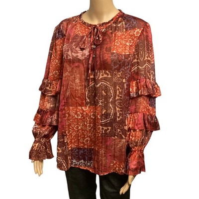 Frye & Co. patchwork floral combo ruffled long-sleeves metallic thread size L
