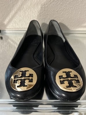 Tory Burch REVA BALLERINA BALLET FLAT BLACK LEATHER/ GOLD T LOGO SIZE 6.5
