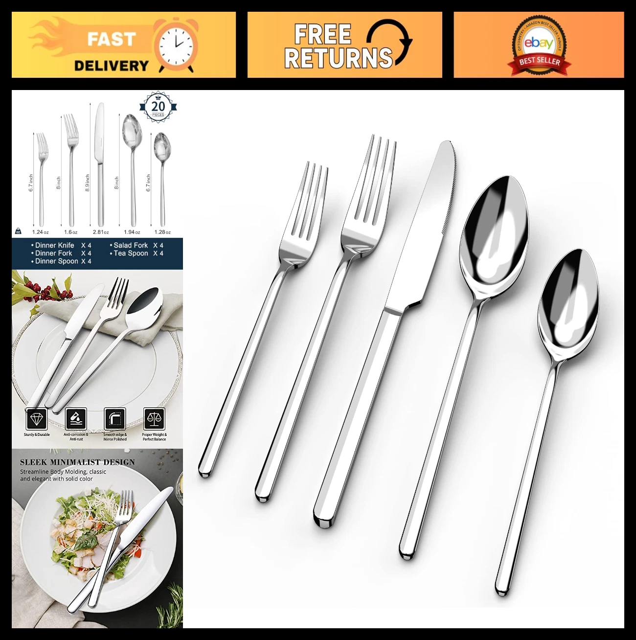 20-Piece Stainless Steel Flatware Set for 4 - Mirror Polished, Dishwasher Safe,