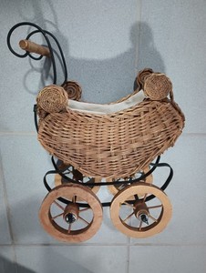Wicker And Wood Vintage Large Doll Baby Buggy