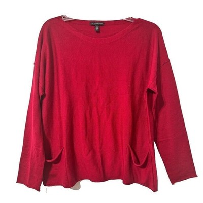 Eileen Fisher Red 100% Merino Wool Italian Yarn Boxy Pocket Sweater S/P F17MF