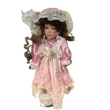 Vinyl - soft body Girl Doll Brown Curly Hair Green Eyes Pink Lace Dress w/ Hat