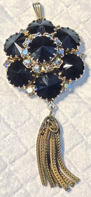 Miriam Haskell Black & Aurora Borealis Faceted Crystal Tassle Pendant 