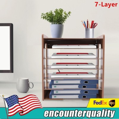 7 Tier Wood Desktop Paper Organizer File Document Storage Shelf Office Holder