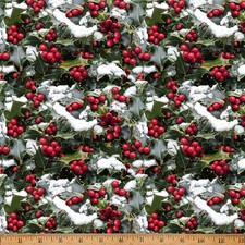 Cotton Frosted Holidays Christmas Berry Holly Fabric Print by Yard D401.78