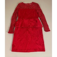 St. John Red Lace Peplum Dress Size 6 Long Sleeve Party Cocktail Made in USA