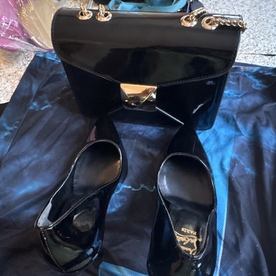 Black Patent Leather Pointed Toe Pump Heels Stiletto Slip On Chain Accent