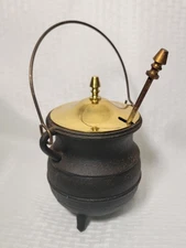 Vintage Cast Iron Brass Fire Starter Smudge Pot Cauldron, Lid & Pumice Wand, VGC