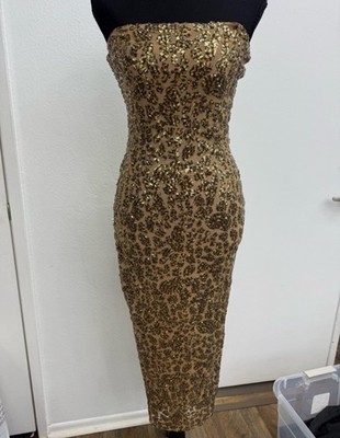 Fashion Nova M Gold Sequin Animal Print Strapless Bodycon Midi Dress Slit