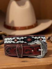 Beaded Western Belt Cowboy Rodeo Full Grain Leather Hand Tooled Removable Buckle