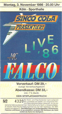 Falco  Emotional Tour 1986 Köln Sporthalle  Ticket /Konzertkarte /Eintrittskarte
