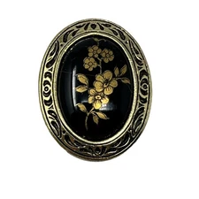 Vintage Scarf Clip Black Gold Flowers Motif  Gold Tone Pin Signed W Germany