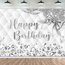White and Silver Birthday Backdrop 7Wx5H Photography Happy Birthday Backdrop