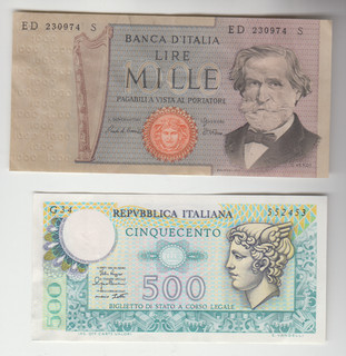 Banknoten Geldscheine 1000 MILLE 1969 500 CINQUECENTO LIRE 1979 Italien