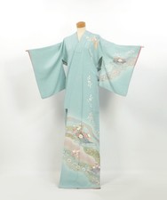 Vintage Silk Homongi Kimono: Light Blue Yuzen Shibori Floral Fan Pattern 2604101