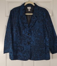 Chico's Size 3 XL Blue Black Floral Jacquard Blazer Jacket Pockets Lined