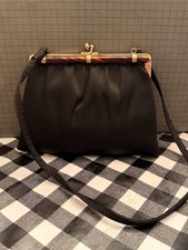 Vintage 1950s Ande Black Satin Evening Bag Tortoise Frame Gold Clasp Purse