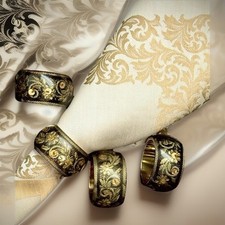 VTG Set of 4 Gold Tone Brass Napkin Rings Victorian Style Floral Art Scroll Leaf