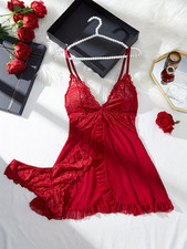 Damen Babydoll Negligee Rot Spitze Nachtwäsche Reizwäsche Set Dessous S - 4XL