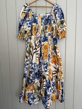INC Dress 2X Printed Smocked Tiered Puff Sleeve Flowy Maxi Cotton Blue Gold
