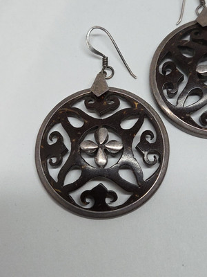 Filigrane Ohrhänger Sterling floral geschnitzt Kokosnussschale Vintage 925 Silber EG