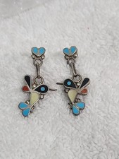 Vintage Zuni Hummingbird Stud Pierced Earrings Sterling Multi Stone Inlay