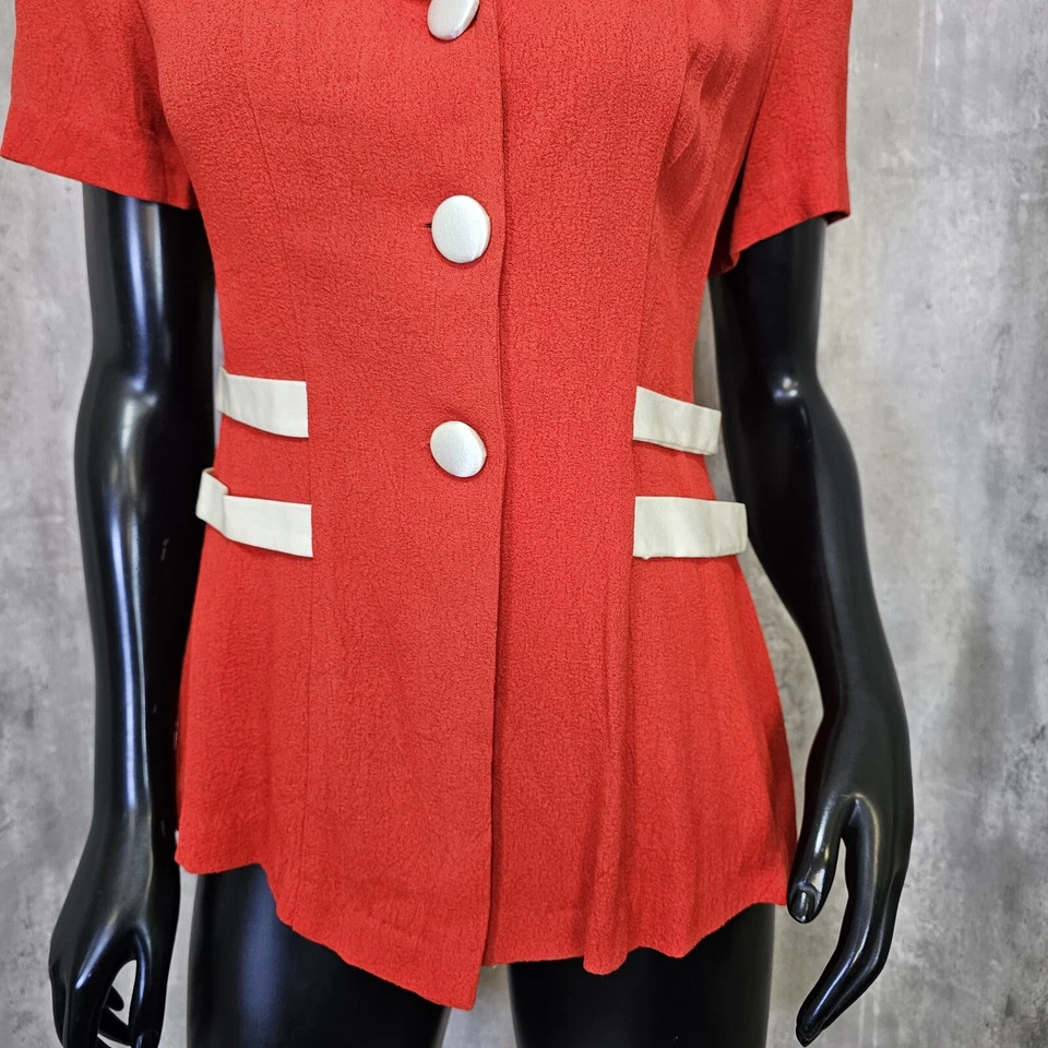 Vintage 80s 90s YES Womens M Red Crepe 3 Button Tailored Short Sleeve Blazer - Image 3 of 4