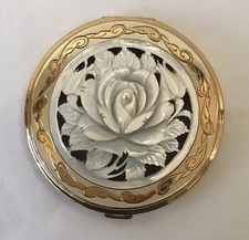 Vintage Carved Mother Of Pearl Compact W/Cultured Pearl & Orig Box—Never Used
