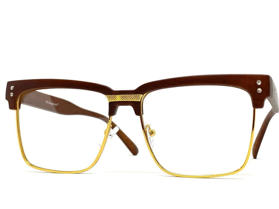 Para hombres Elegante Moderno Retro Lente Transparente Gafas Cuadradas Imitación Madera Marco Foto 2 de 4