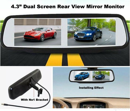 4.3"Dual Screen Car Rear View Mirror Monitor 2x Front Rear View Reversing Camera - Picture 2 of 24