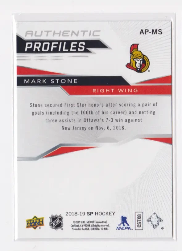 2018-19 UD SP HOCKEY AUTHENTIC PROFILES BLUE INSERT MARK STONE #AP-MS SENATORS - Image 2 of 2