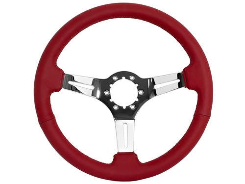 VSW 14 inch Red Leather Steering Wheel, 6-Bolt Chrome Spoke, 2.5 inch Dish - Picture 2 of 8