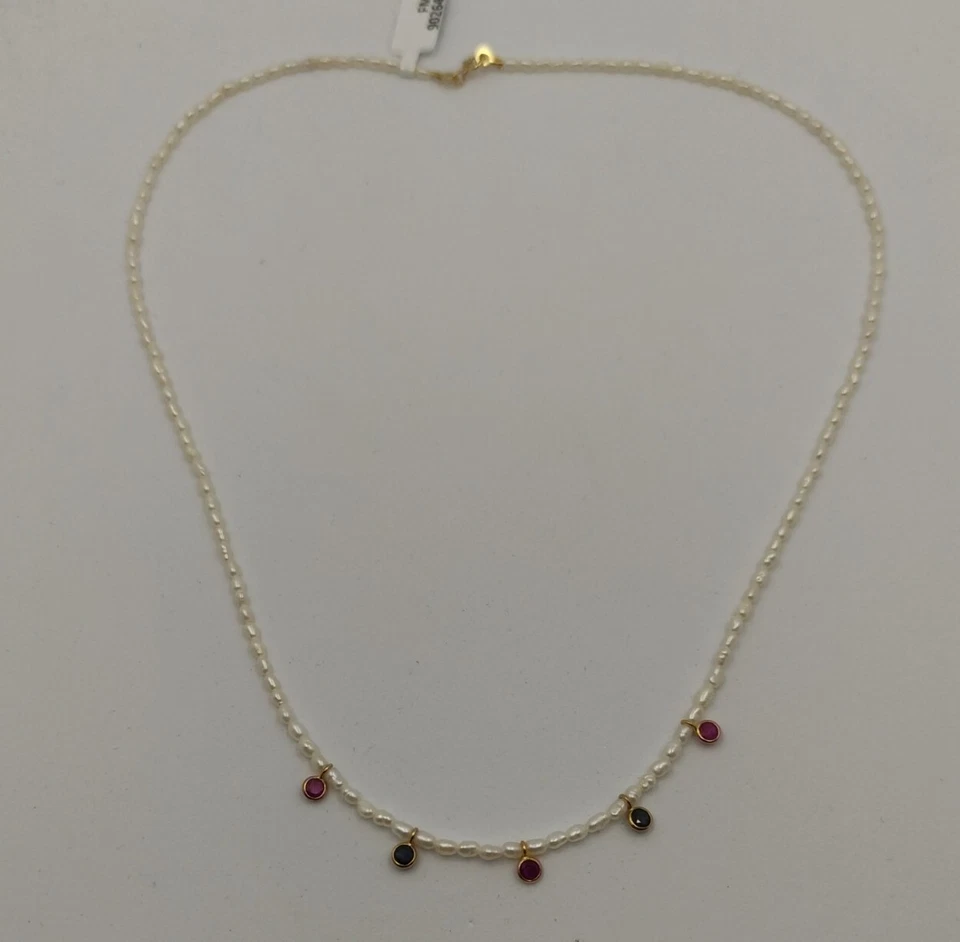 Halskette Gold 18k 750 Mls. Mit Flussperlen 2 Mm Und 5 Zirkonien In Blau Und Rot - Bild 3 von 4