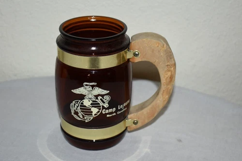 Vintage Siesta Ware BROWN Glass barrel mug cup CAMP LEJEUNE wood handle EUC