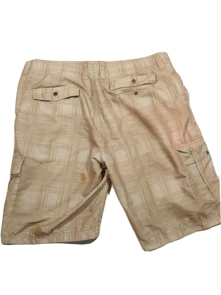 Carbon Cargo Shorts Mens Size 36 Tan Plaid Check Flat Front Golf Casual
