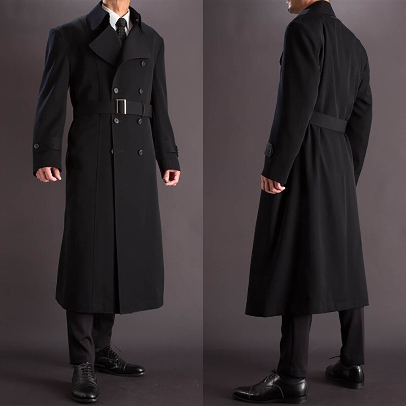 Men's Long Black Coat Double Breasted Trench Coat Fashion Spring