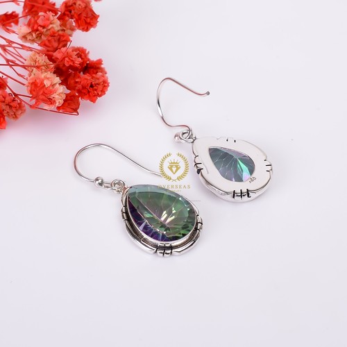 Elegant Handmade Rainbow Mystical Fire Topaz 925 Sterling Silver Hook Earrings - Picture 4 of 4