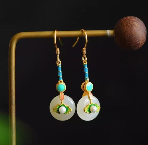 White Jade Donut Earrings 18K Gold Plated Enamel Color Inlaid Pearl Earhook - Picture 2 of 6