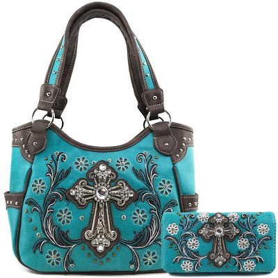 Justin West Rhinestone Cross Shoulder Purse - Flower Embroidery CCW Concealed Carry Handbag, 14" X 10"