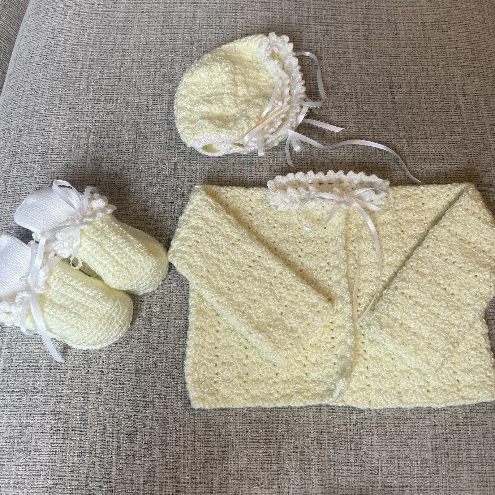 Handmade Baby Yellow W/ White Ribbon Crochet Baby Sweater, Hat, Booties & Socks