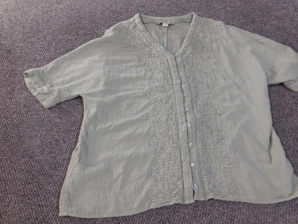 Coldwater Creek Top Grande Verde Bordado Geométrico Mujer Floral Botón Foto 3 de 4