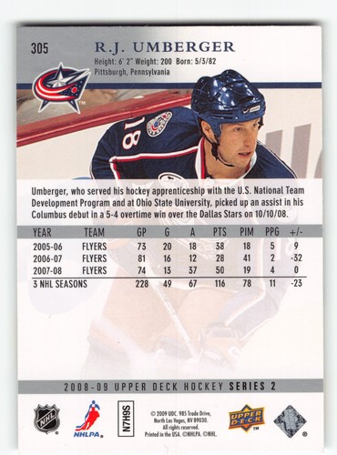 R.J. Umberger 2008 Columbus Blue Jackets Card - Picture 2 of 2