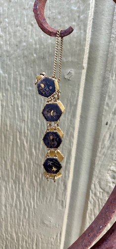 Vintage Japanese Damascene 9 Hexagon Panel Scene Bracelet ~ Black & Gold