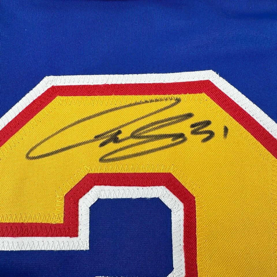 Camiseta deportiva de hockey azul autografiada/firmada de Curtis Joseph St. Louis certificado de autenticidad JSA Foto 3 de 4