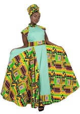 African Dresses for Women Long Skirt Traditional Ankara Kente Print w Scarf XL