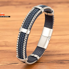 TYO New Arrivel Punk Design Catena Acciaio Inox Treccia Bracciale Pelle per Uomo