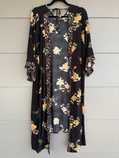 Band of Gypsies Black Floral Longline Duster Kimono Boho Festival Size Small