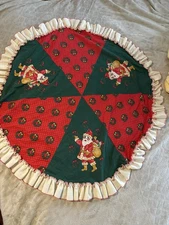 Vtg Handmade  Christmas Tree Ruffle Skirt  Santa Clause Red Green 36”